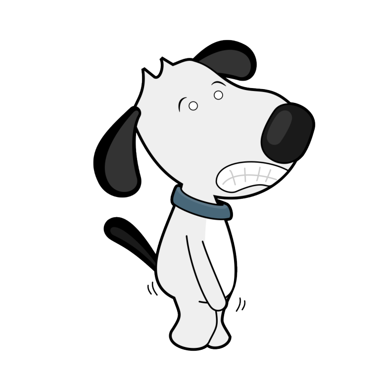 cartoon image of a dog holding his groin