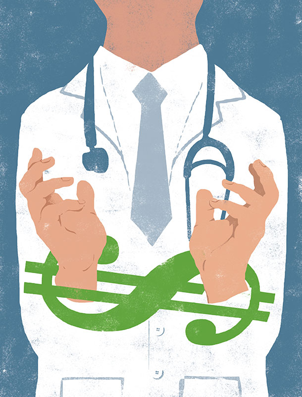 cartoon of a doctor with his hands hand cuffed with a dollar sign