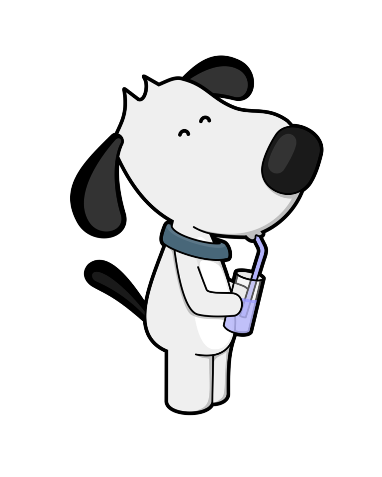 a cartoon image of a dog drinking a glass of water
